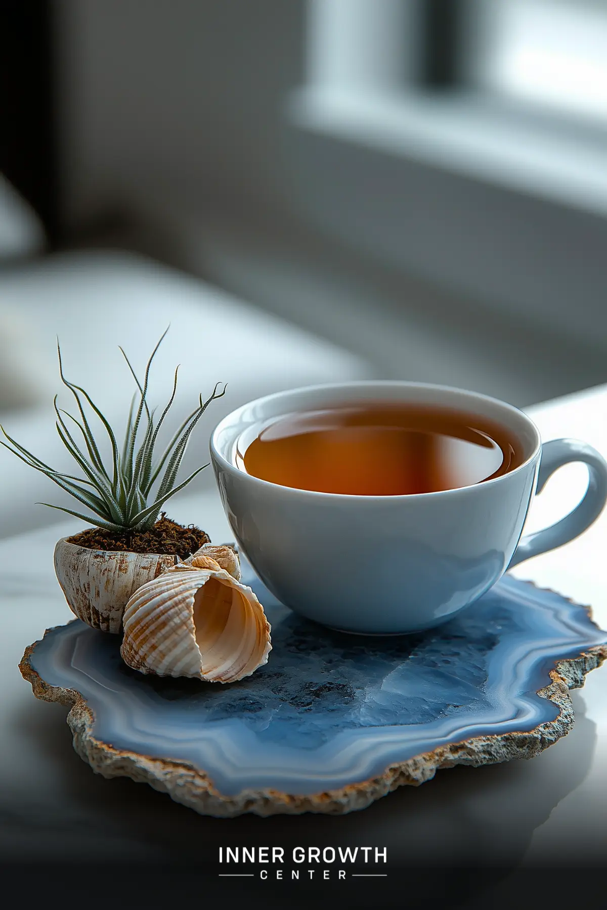 A white teacup rests on a blue agate slice alongside an air plant and seashells, creating a serene crystal display for energy enhancement.