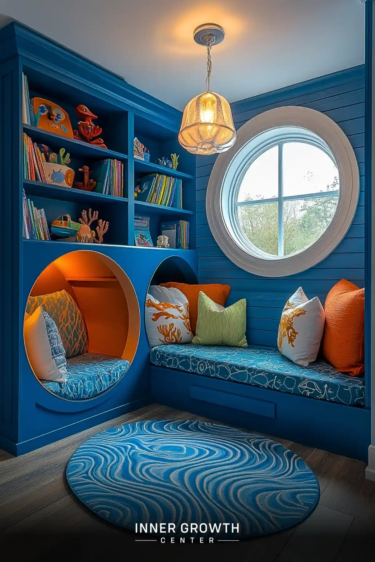 A deep blue corner reading nook with a porthole window, wave-patterned rug, and circular built-in seat creates an underwater-themed reading space for children.