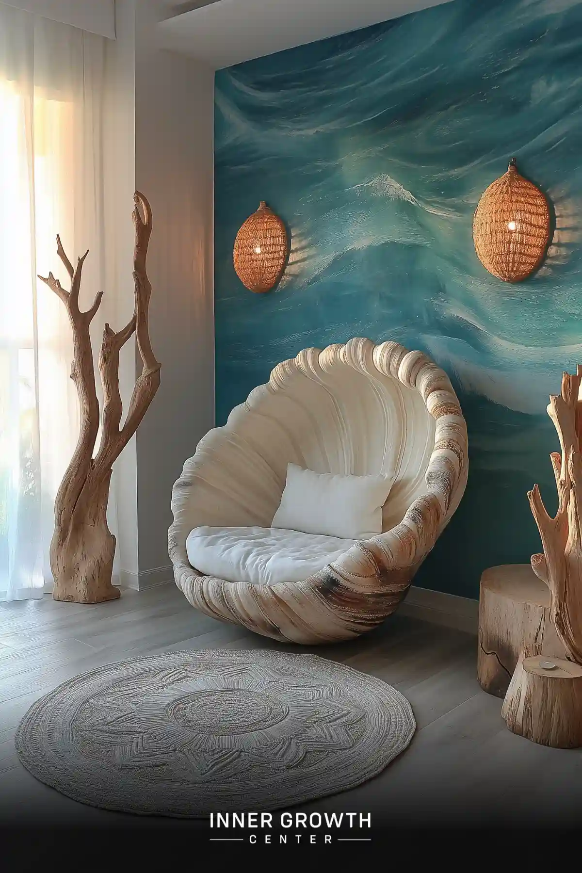 A cozy meditation corner with a shell-shaped chair against a blue ocean wave mural.