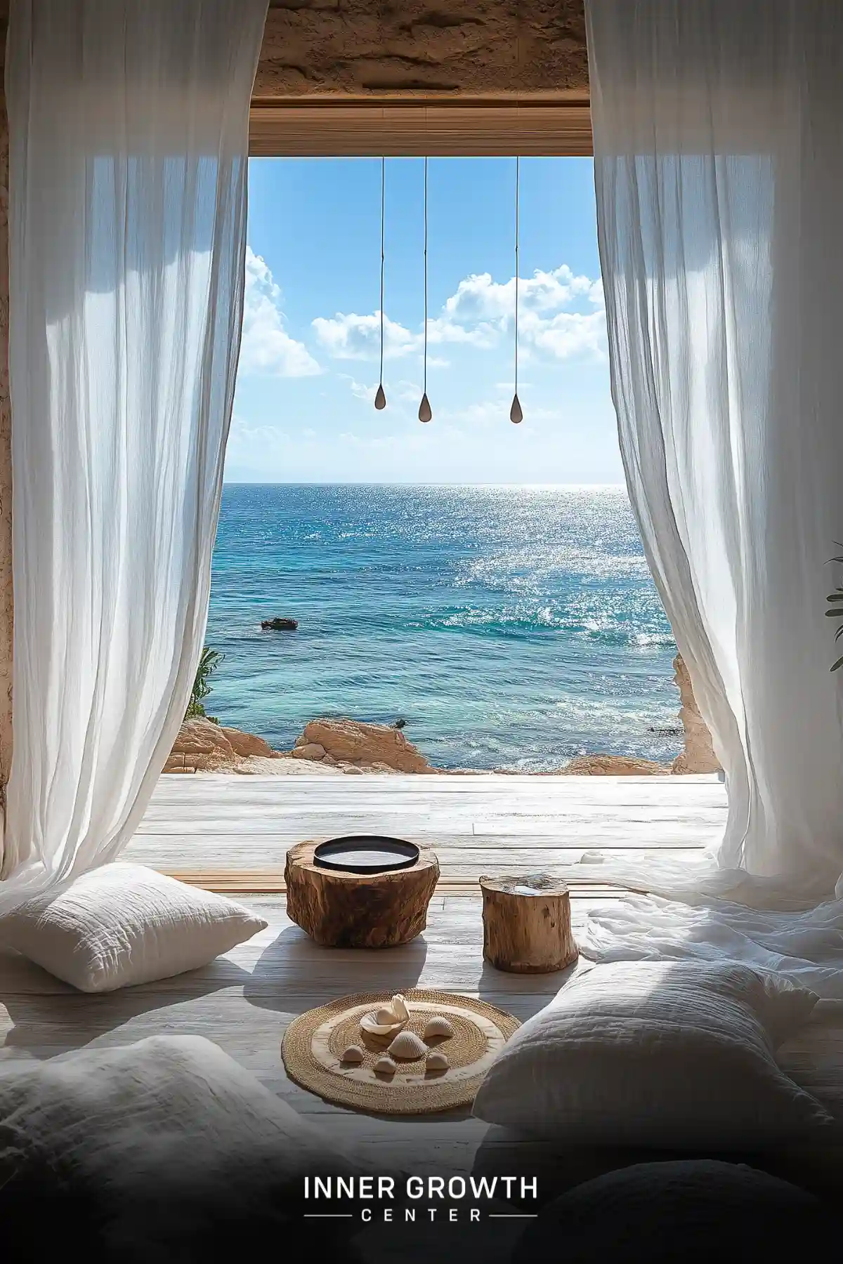 A peaceful meditation space overlooking a sparkling ocean, with white curtains, cushions, and natural wood elements.