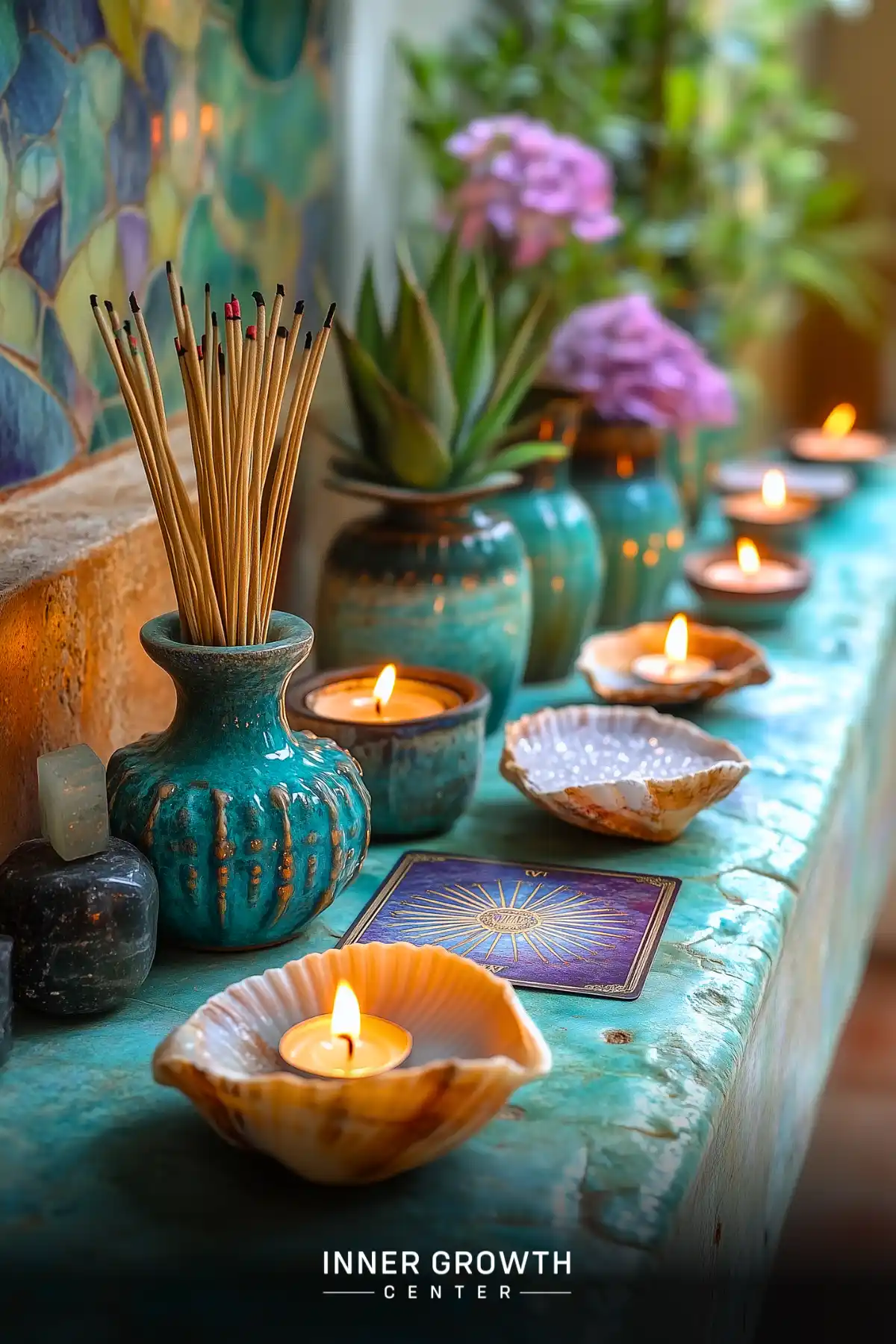 Turquoise altar with incense, candles in shells, crystals, and tarot card.