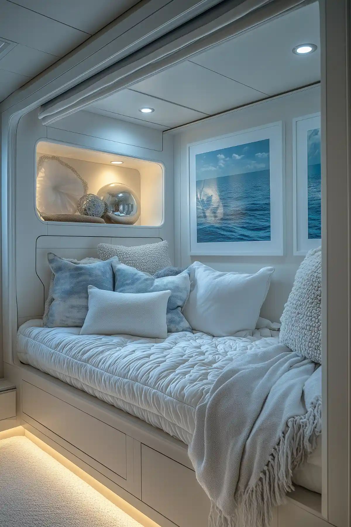 Cozy built-in bed nook with ocean-themed decor, soft lighting, and plush bedding creating a serene meditation space.