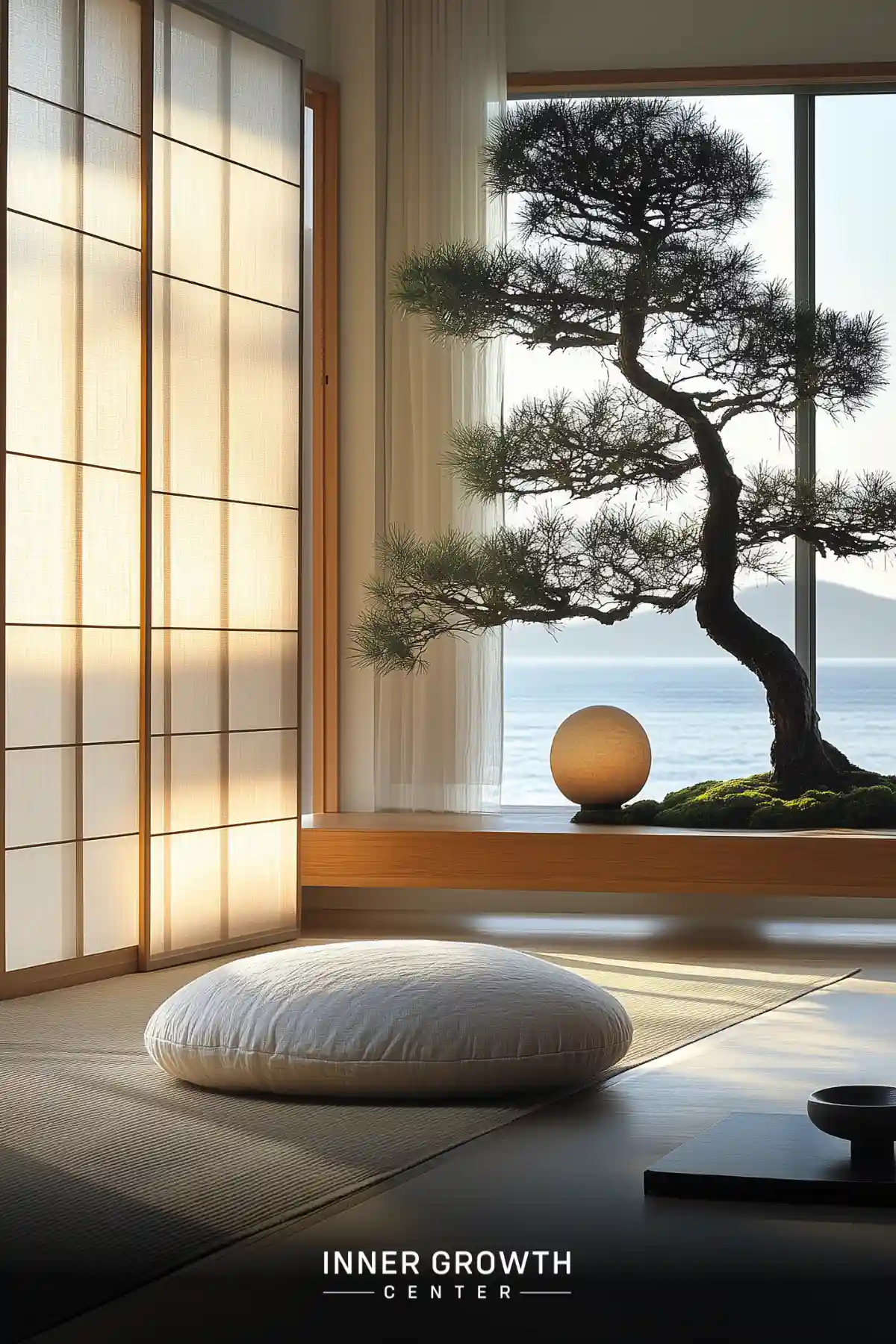 A minimalist meditation room with a large window overlooking the ocean, featuring a bonsai tree and round cushion.