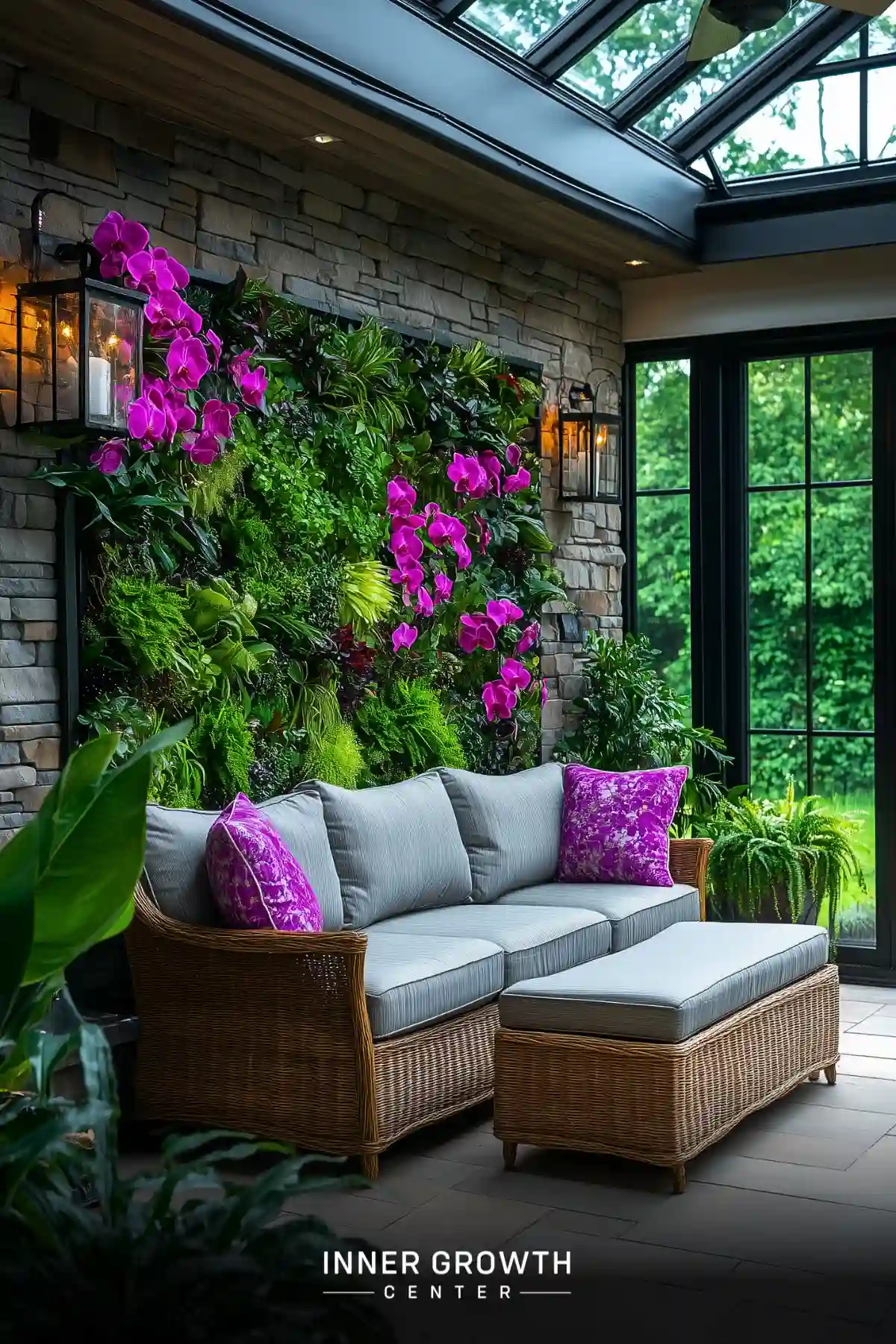 A modern solarium featuring a dramatic living wall with pink orchids above a grey wicker sofa, surrounded by natural light and tropical greenery.