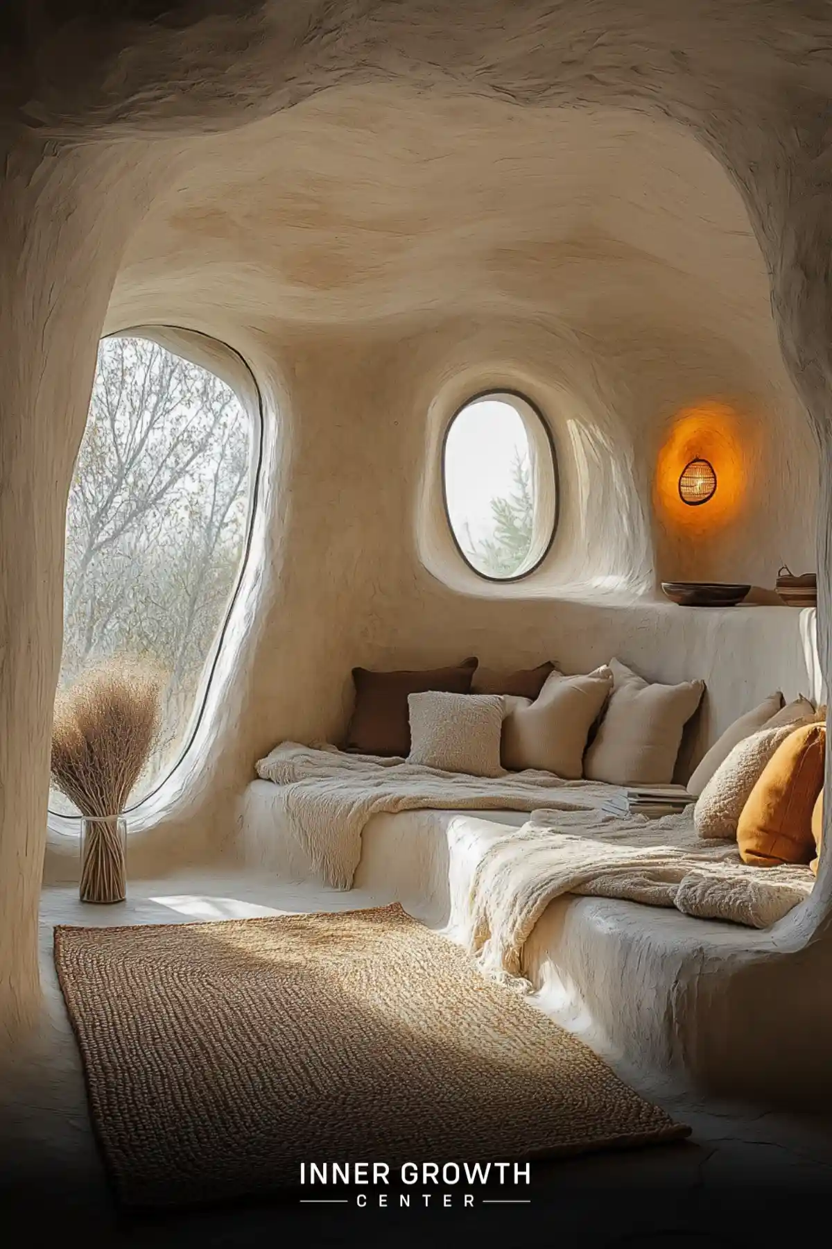 Cozy curved meditation space with large windows overlooking nature, featuring soft textures and warm lighting.