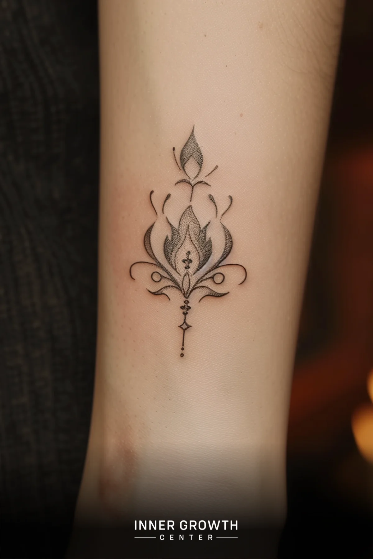 A tattoo of an ornamental flame.