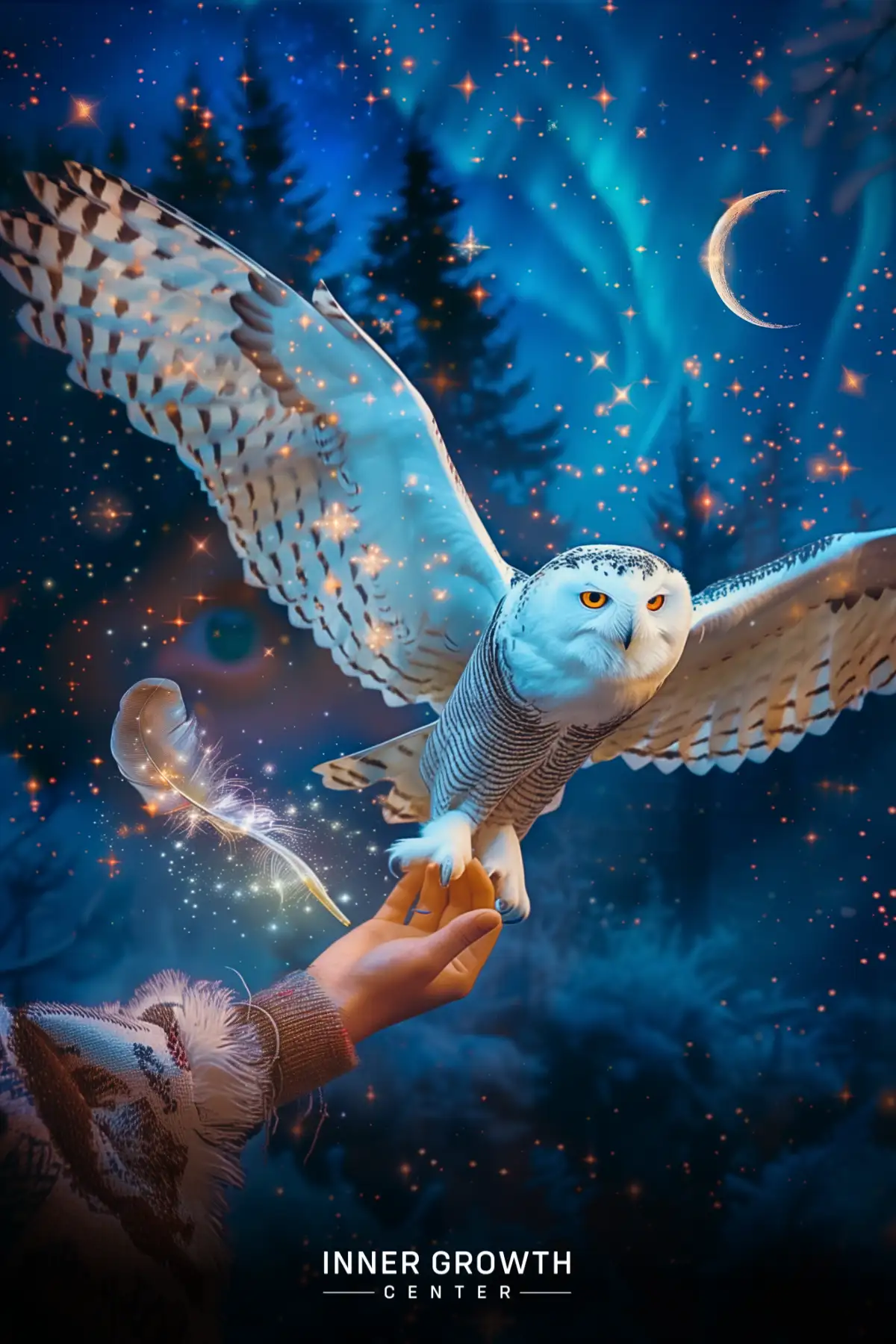 Snowy owl with outstretched wings landing on a human hand against a starry night sky.