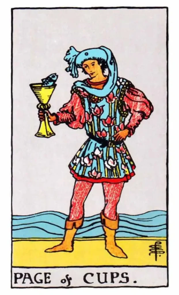 A page holding a cup as the page of cups tarot card.