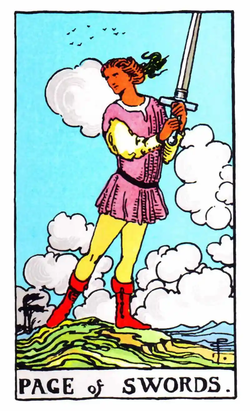 A man stands with a sword as the page of swords tarot card.