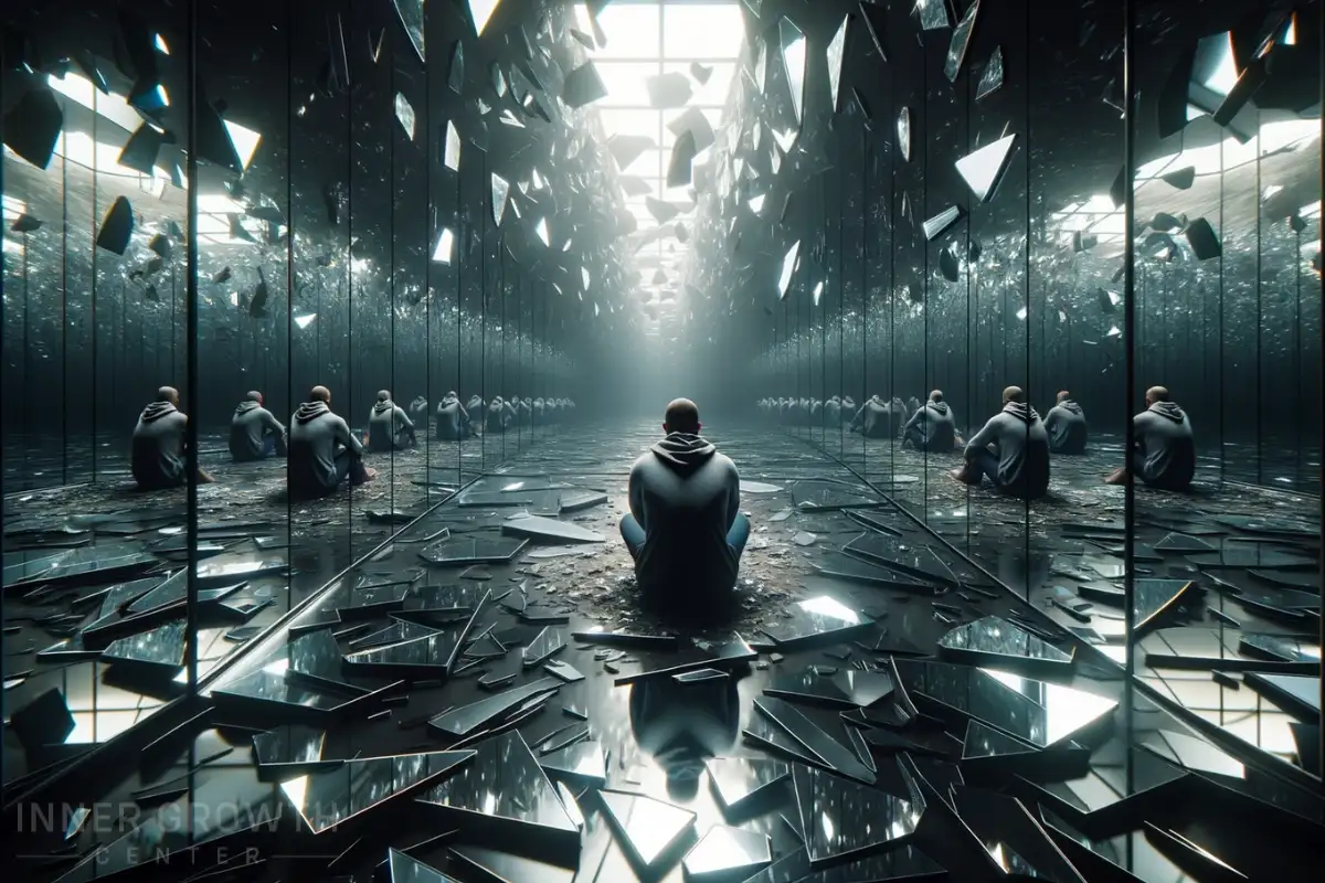 A person sits on the floor around broken glass and mirrors with their reflections all around.