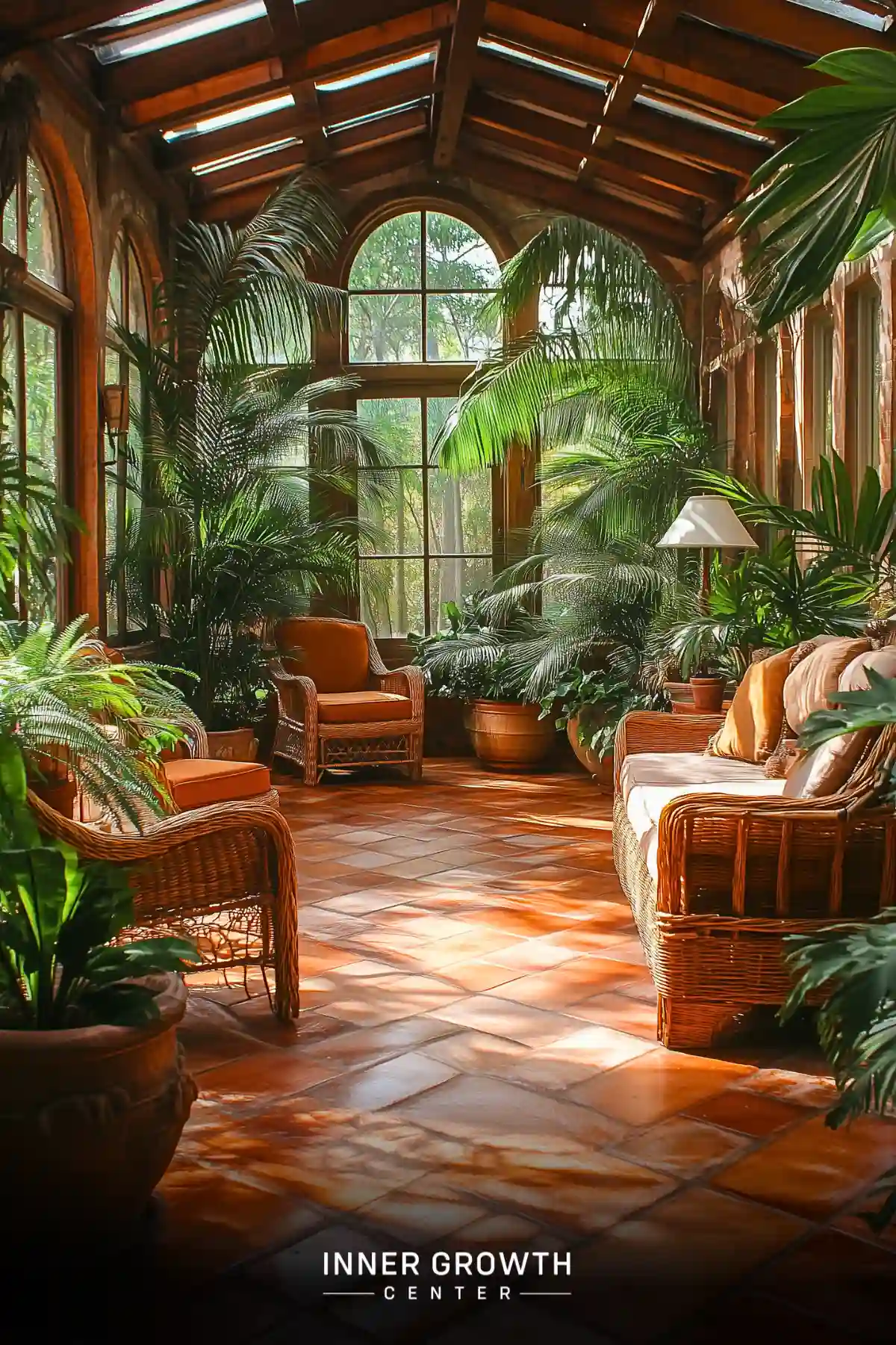 A sunlit conservatory with terra cotta floors features wicker furniture and potted palms creating a tropical meditation space with warm natural light.