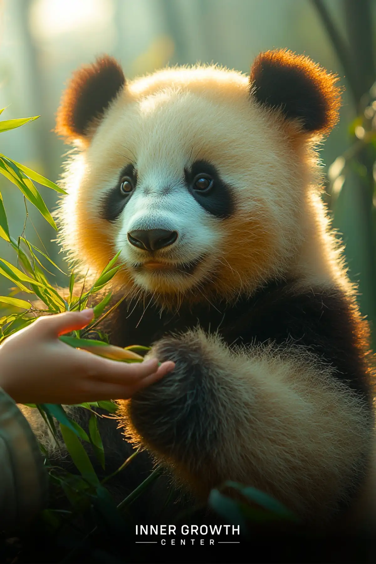 A young panda cub sits among bamboo leaves, looking curiously at a hand reaching out to it.