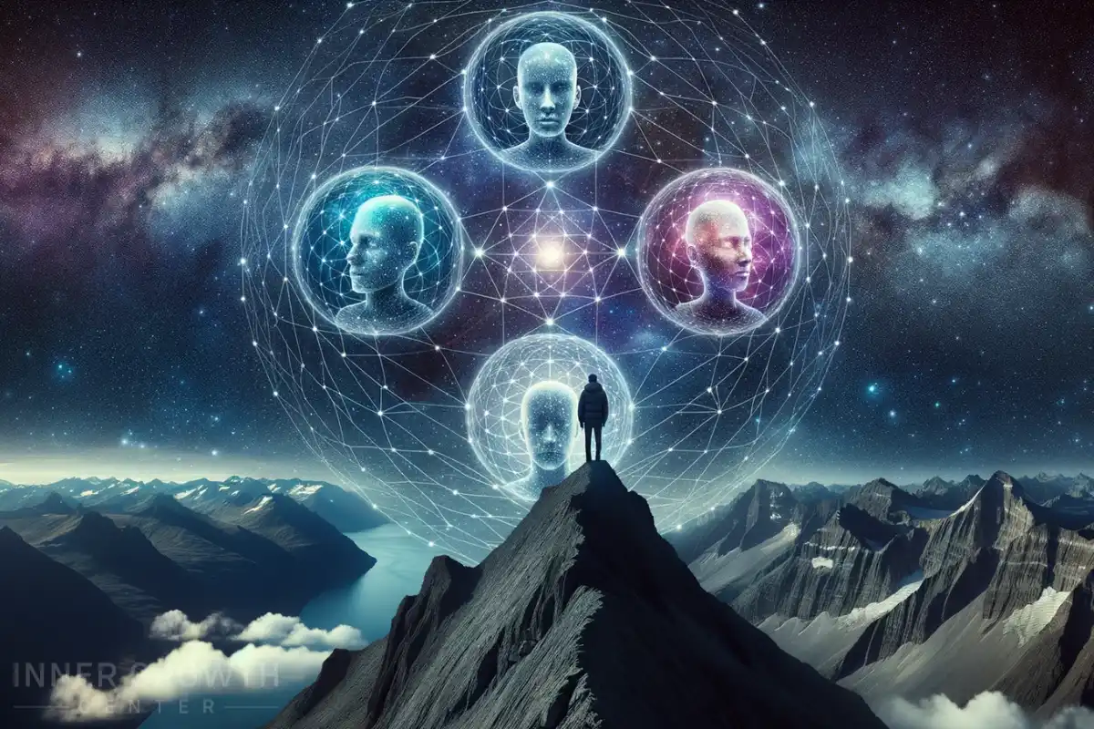 A man looking at the different parts of himself represented by different spiritual beings in spheres.