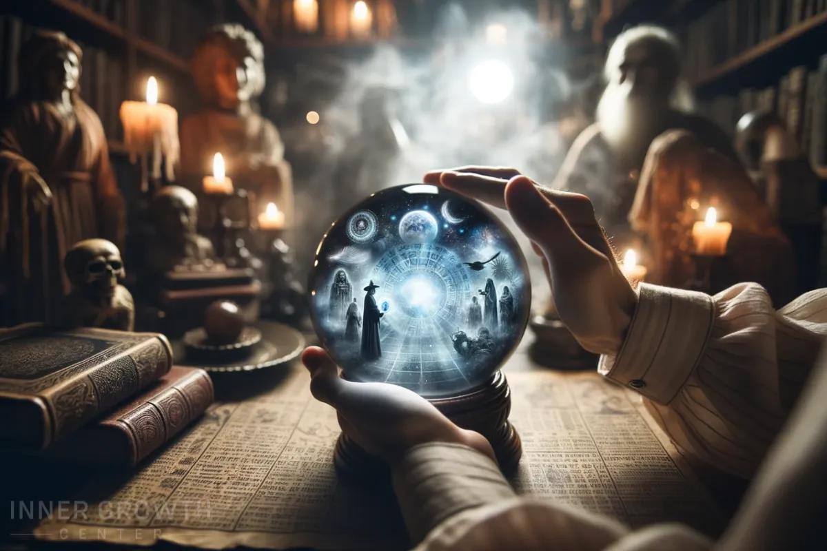 A person looks into a crystal ball for a past life reading.