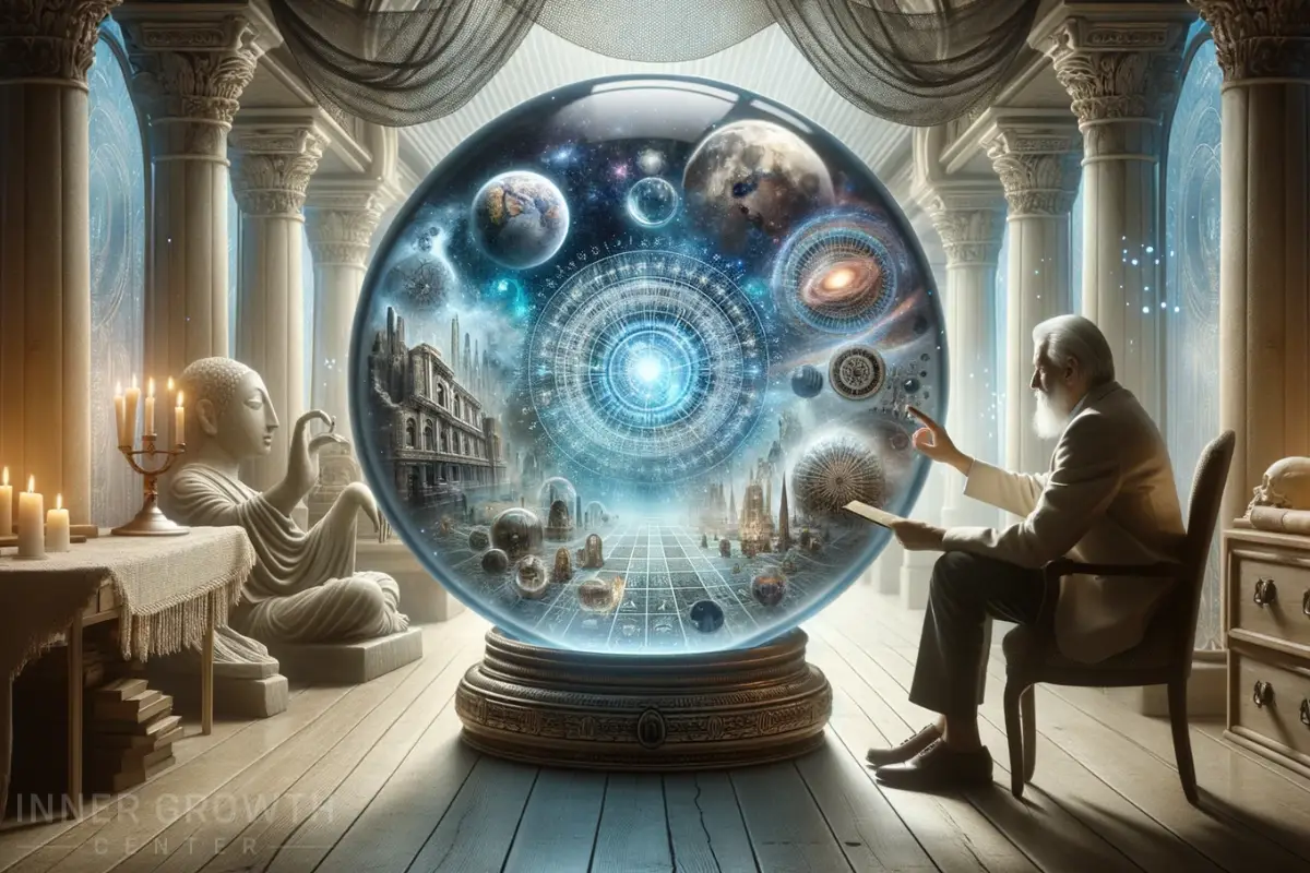 A man looking into a large crystal ball doing a past life reading.