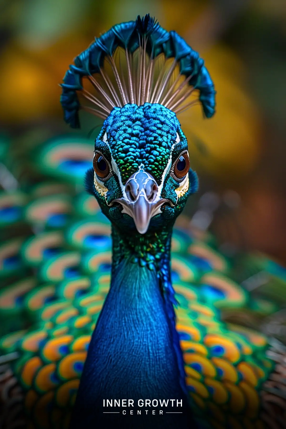 Close-up of a vibrant blue and green peacock's head with distinctive crest feathers.