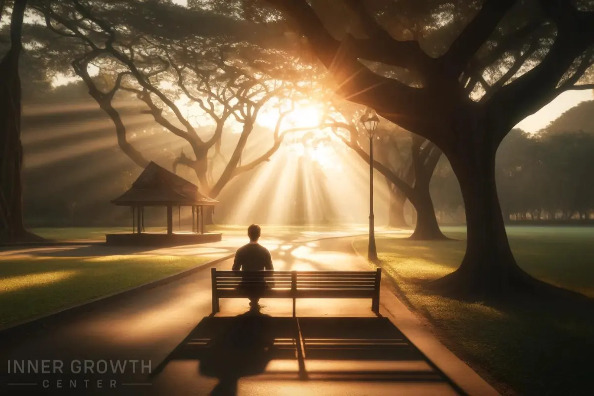 A person sits on a part bench with sun rays coming through the trees.