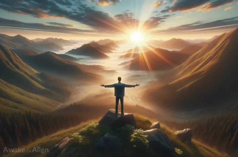 A person with arms outstretched as the sun rises in the distance.