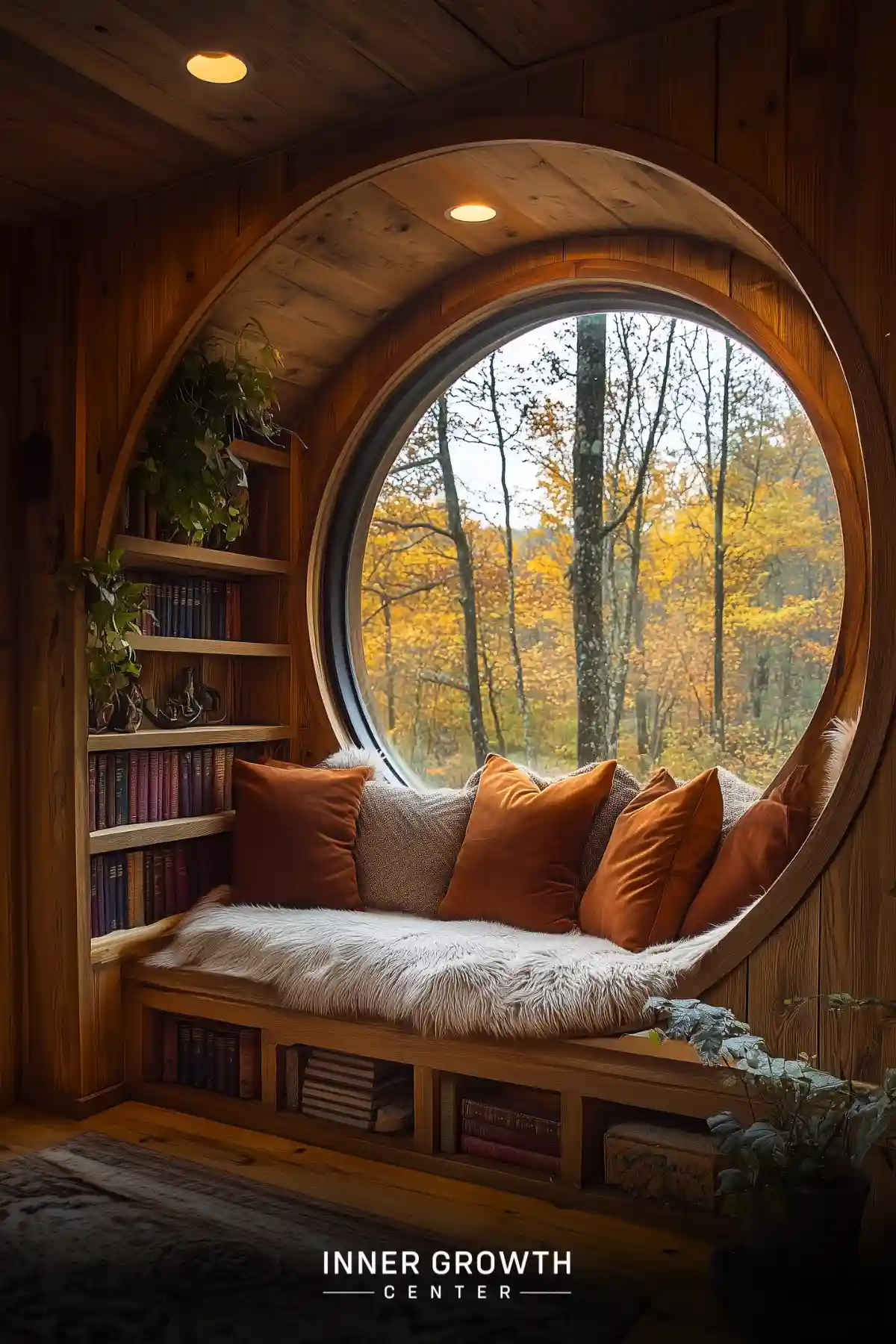 A hobbit-inspired reading nook features a round window with fall views, pine wood walls, built-in bookshelves, white fur throw, and rust-colored pillows.