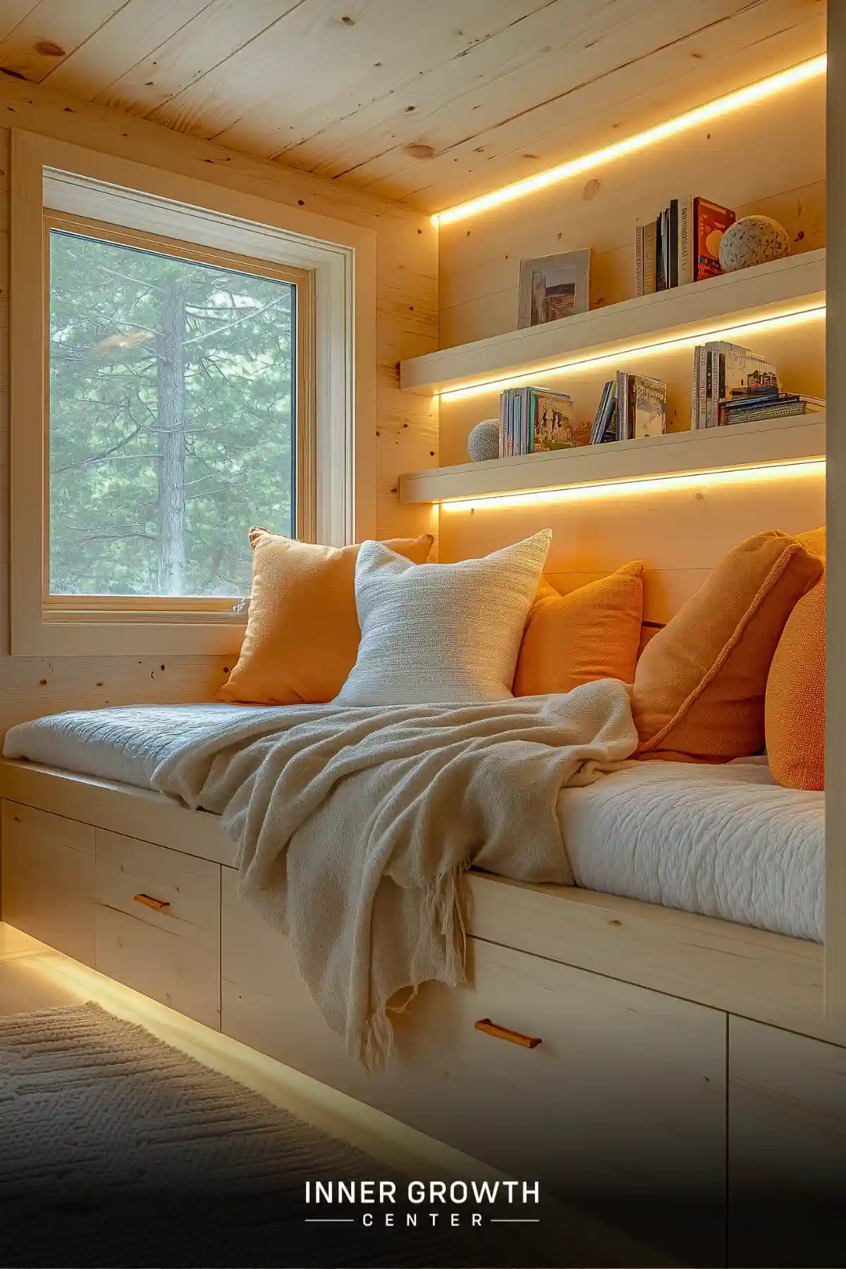 A built-in window seat made of pine features LED-lit floating shelves, white cushions with orange pillows, and storage drawers underneath.