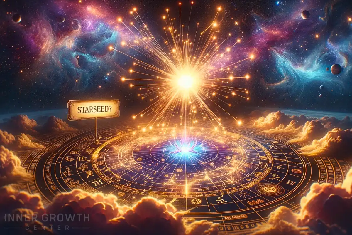 Symbols surround a cosmic light burst with a sign that says Starseed?