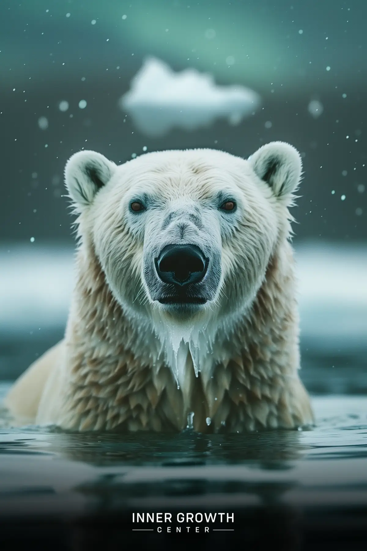 A close-up of a polar bear emerging from icy water with snowflakes falling around it.