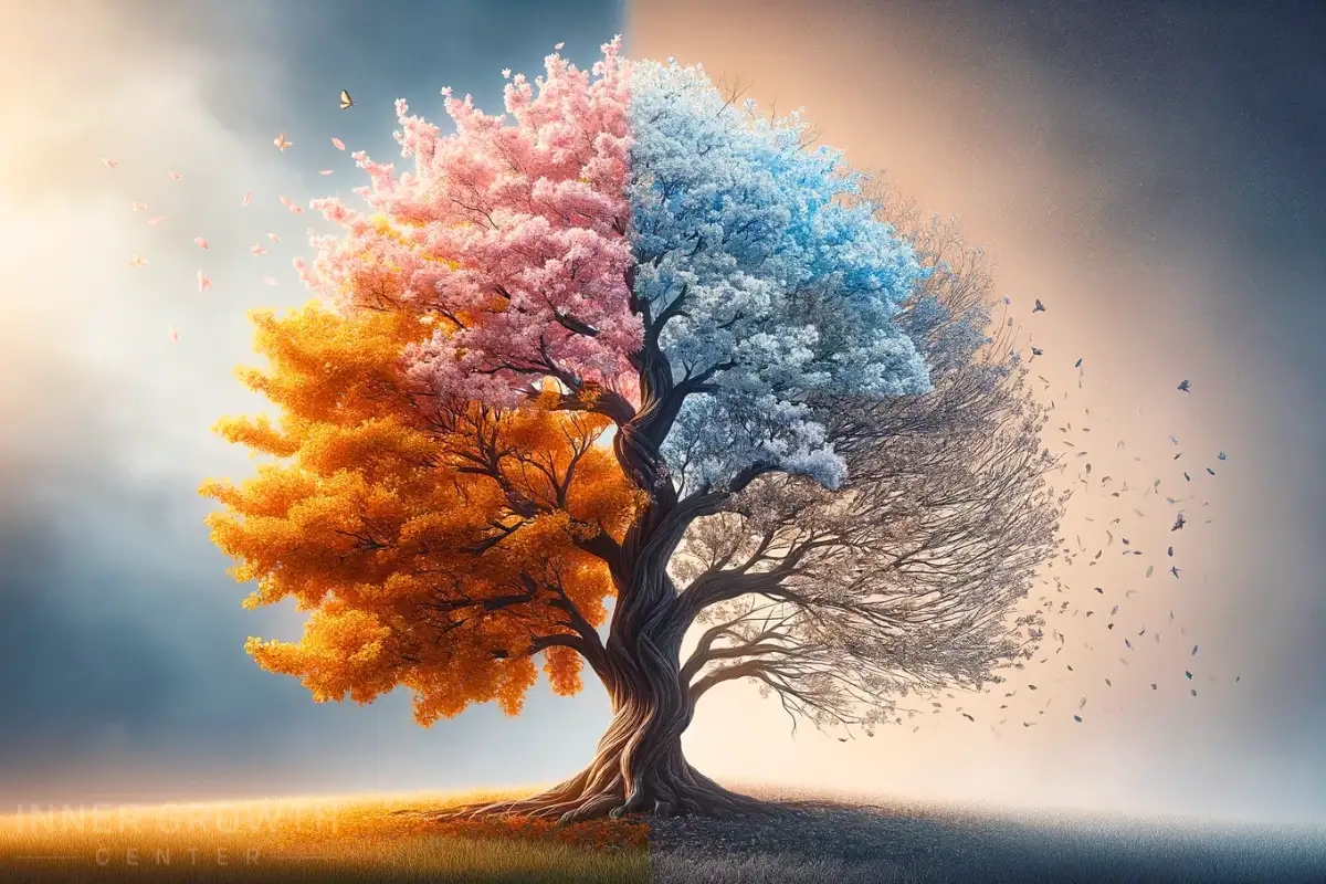 One tree with different seasons on it. Symbolising the law of polarity and personal growth.