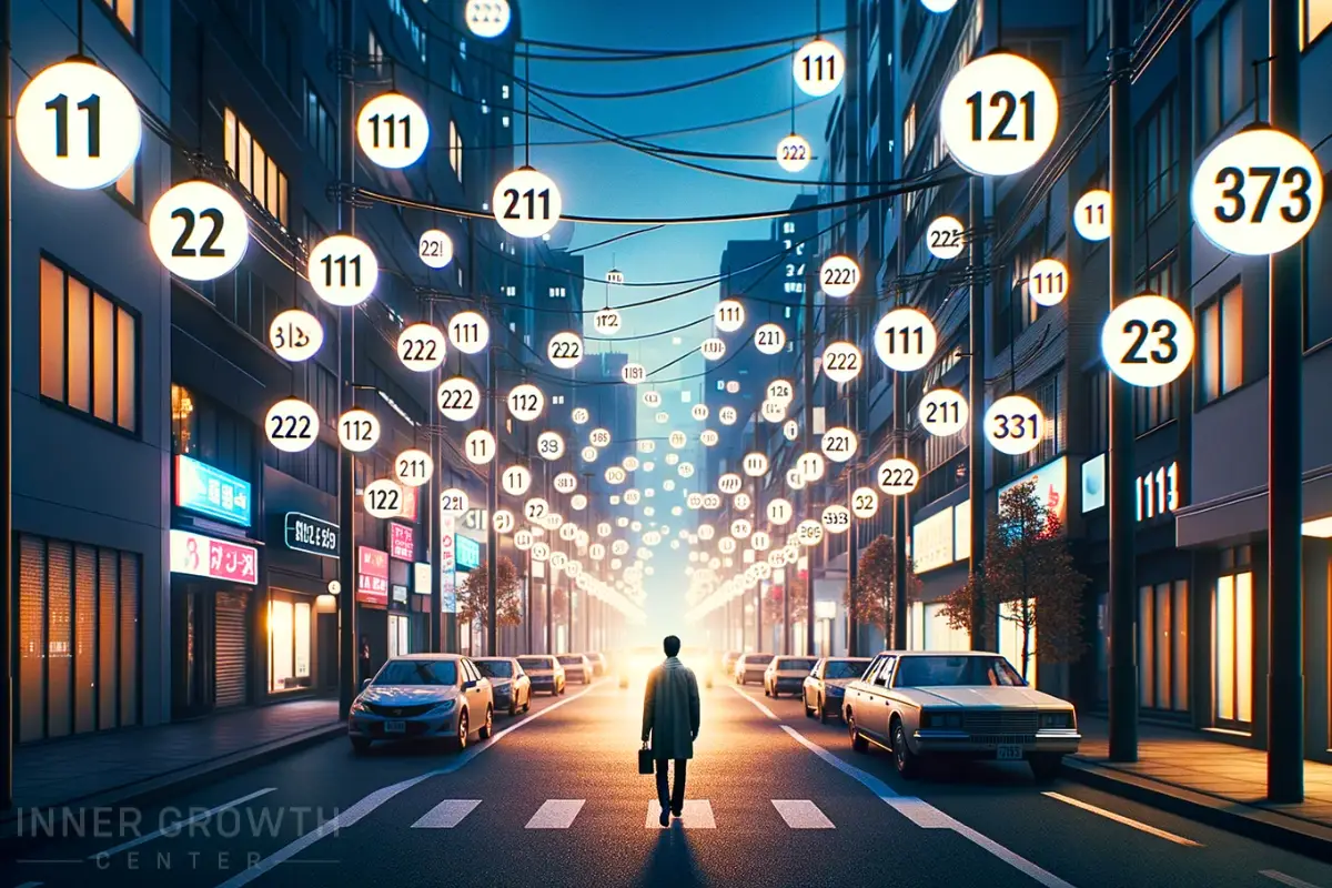 A man walks down the street with synchronicity of numbers powering lights.