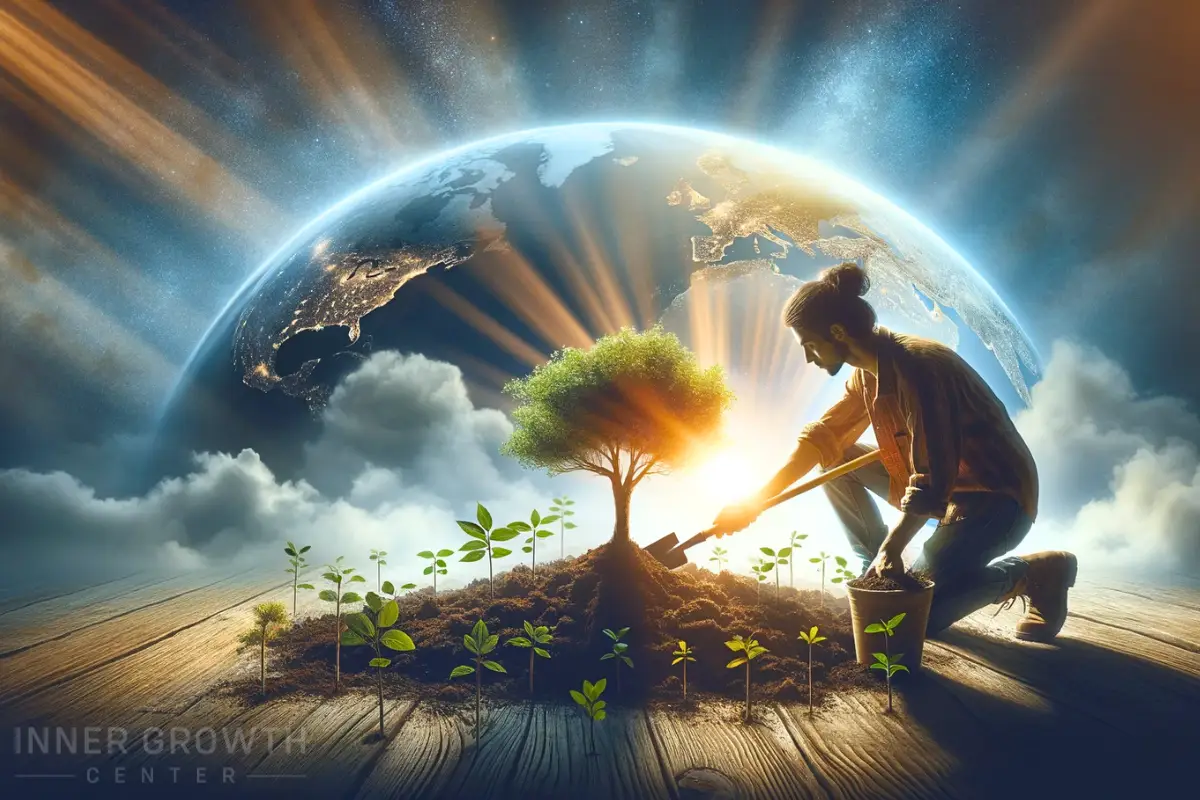 A man planting a tree with an earth behind him symbolising him practicing oneness.