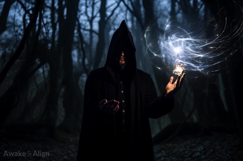 A hooded person in the forest displaying magic.