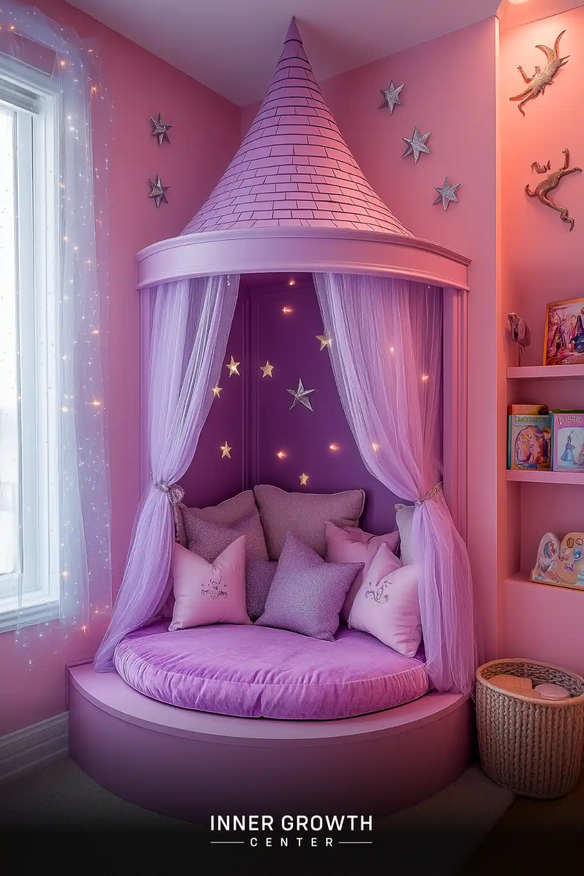 A circular reading nook with a tall purple spired ceiling, sheer curtains, twinkling lights, and silver stars creates a dreamy retreat for young readers.