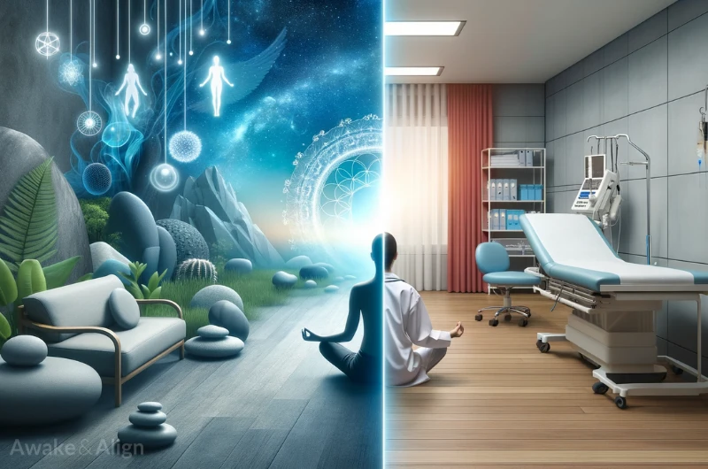 A serene environment with a split view. One half showing a person practicing meditation, surrounded by calming energies, the other half depicts the same person in a clinical setting.