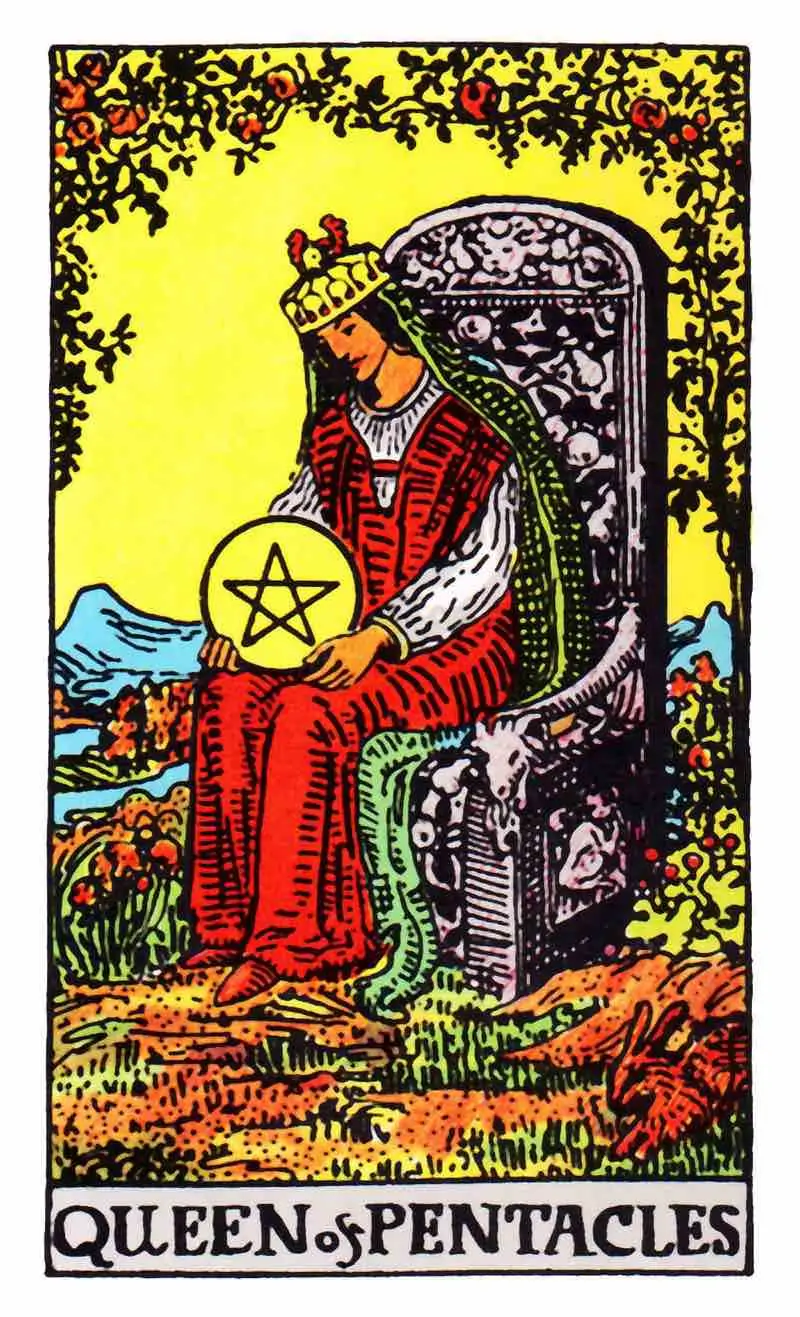 Queen sitting on a throne as the Queen of Pentacles