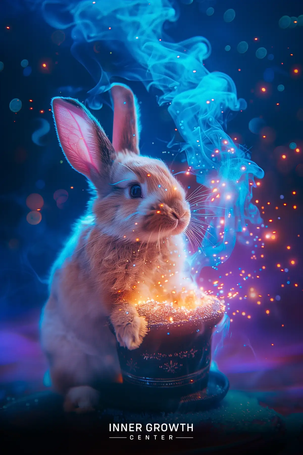 A white rabbit sits beside a glowing cauldron amidst magical blue smoke and sparkling lights.