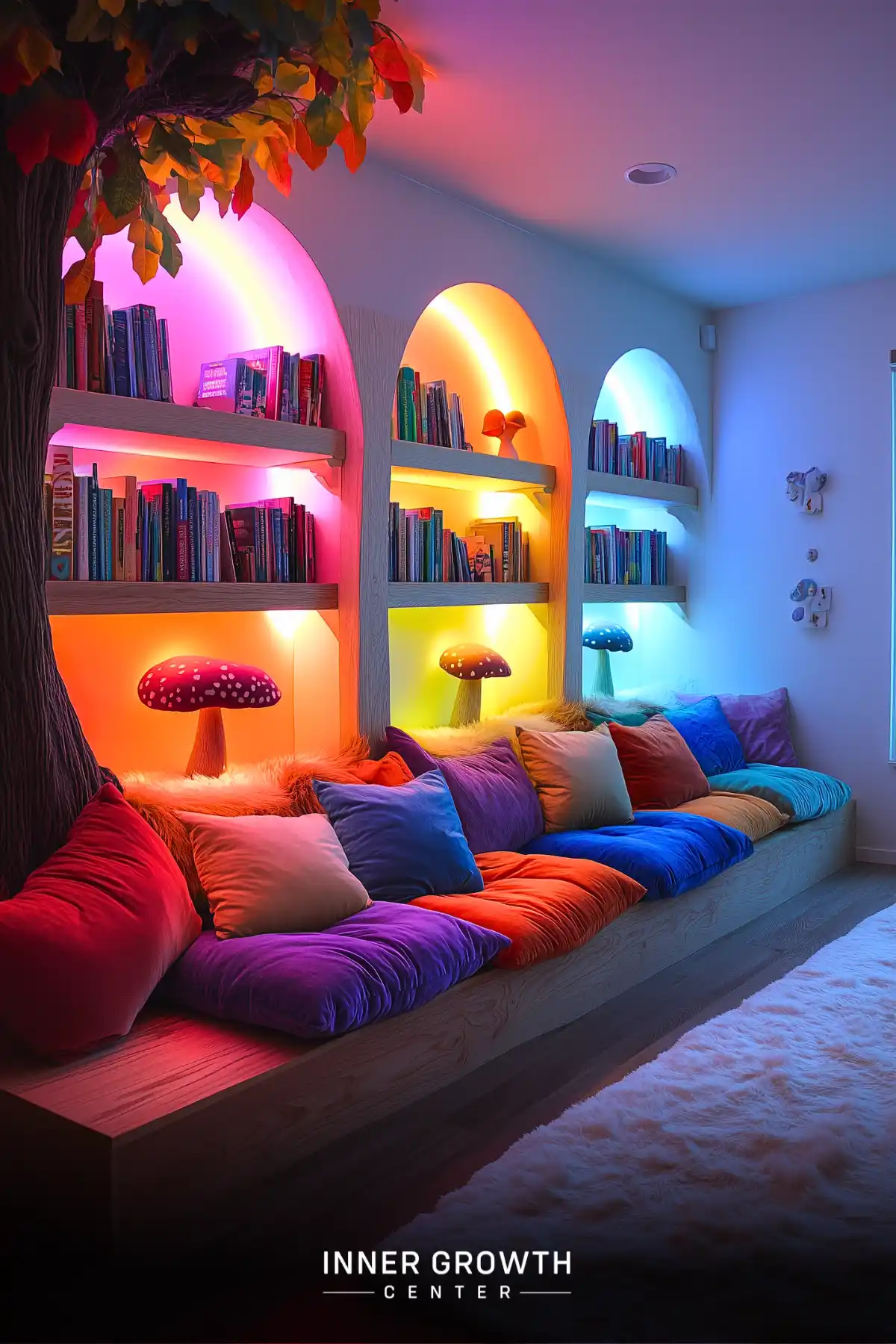 A reading bench with colorful cushions spans three backlit arched alcoves, each featuring built-in bookshelves and decorative mushroom lamps.