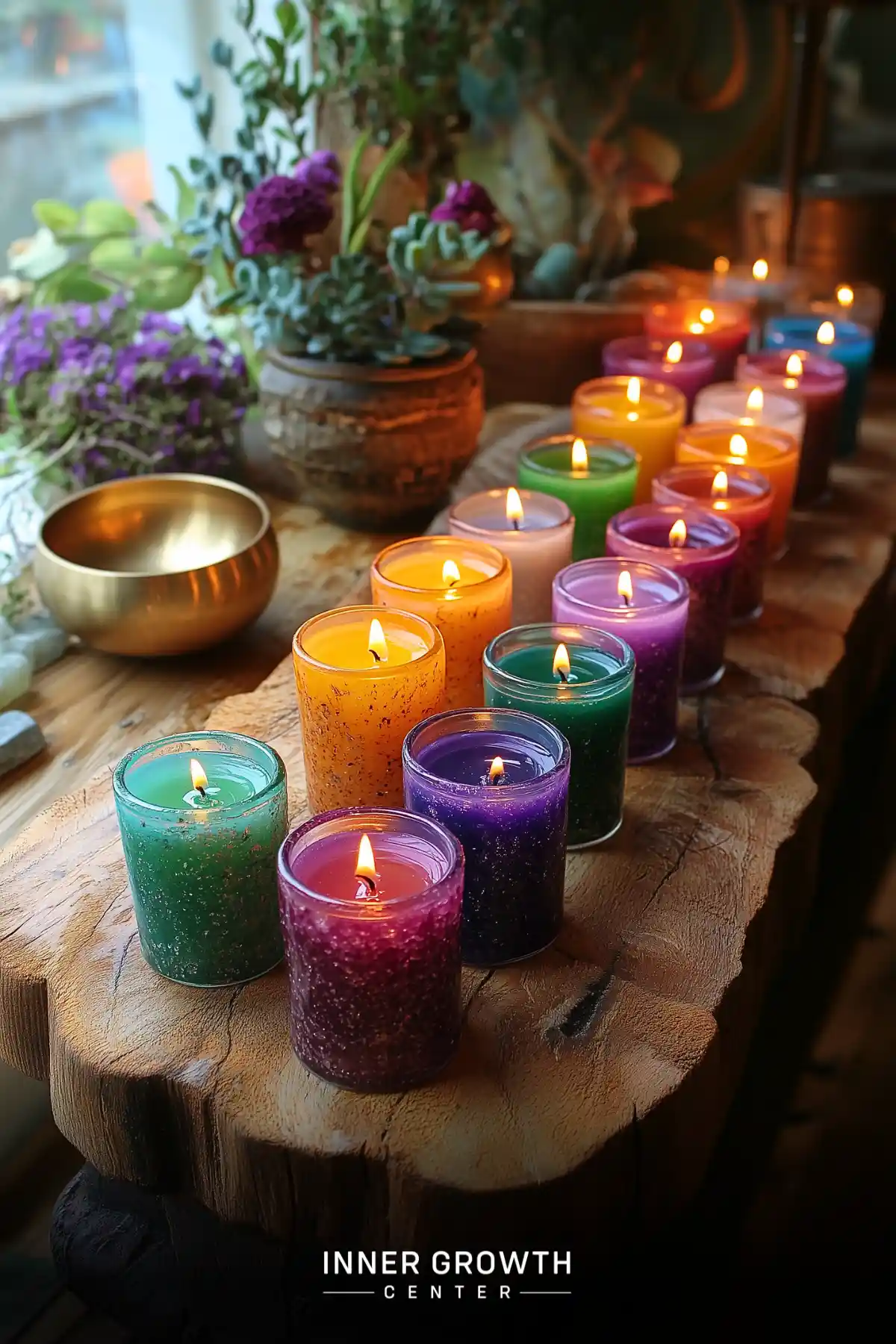 Colorful lit candles arranged on a wooden surface with plants and a brass bowl, creating a serene DIY altar space.