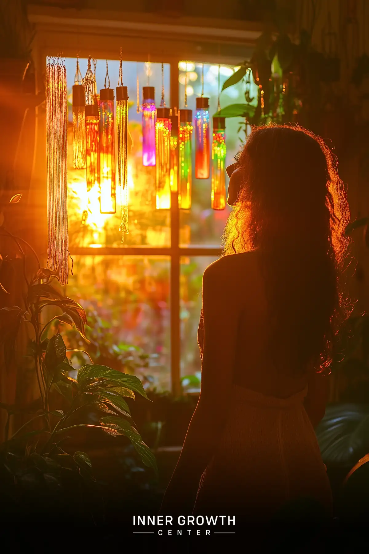 A silhouette of a woman gazing at colorful hanging chimes in a window surrounded by plants and warm light.