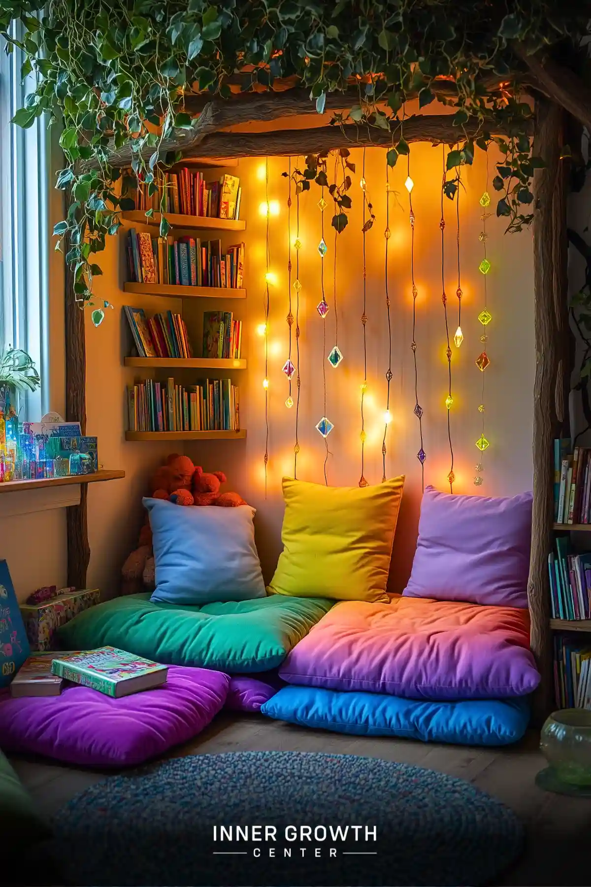 A cozy floor reading area features rainbow-colored floor cushions beneath hanging crystal lights and trailing plants, surrounded by floating bookshelves.