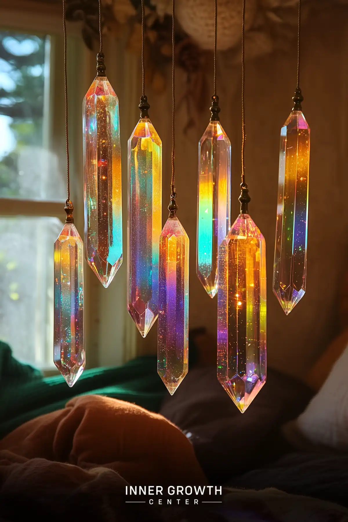 Multiple hanging crystal prisms catch sunlight, creating a display of rainbow colors and sparkles against a warm interior backdrop.