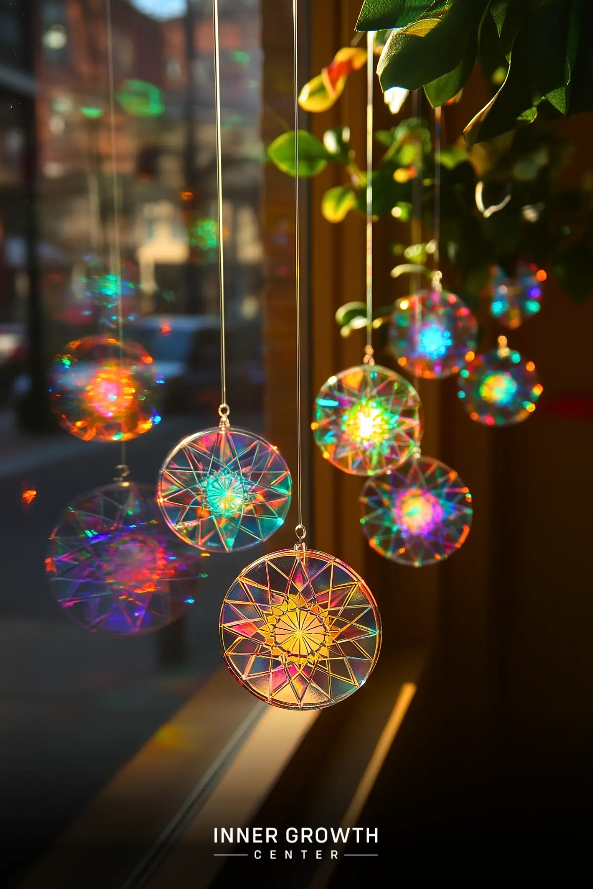 Iridescent geometric suncatchers hanging by a window create rainbow light patterns, enhancing the room's energy and ambiance