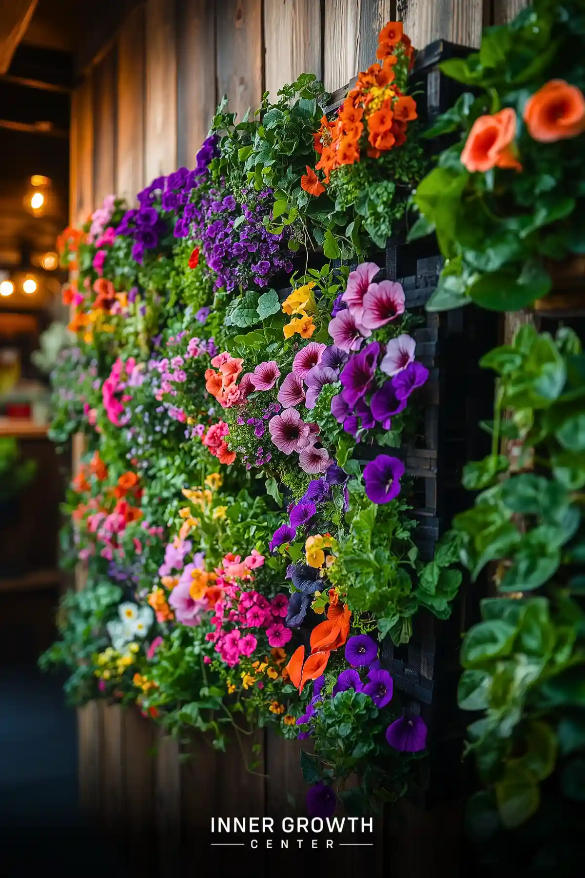 Vibrant vertical garden featuring cascading petunias and flowering plants in purple, orange, pink, and yellow against wooden paneling.