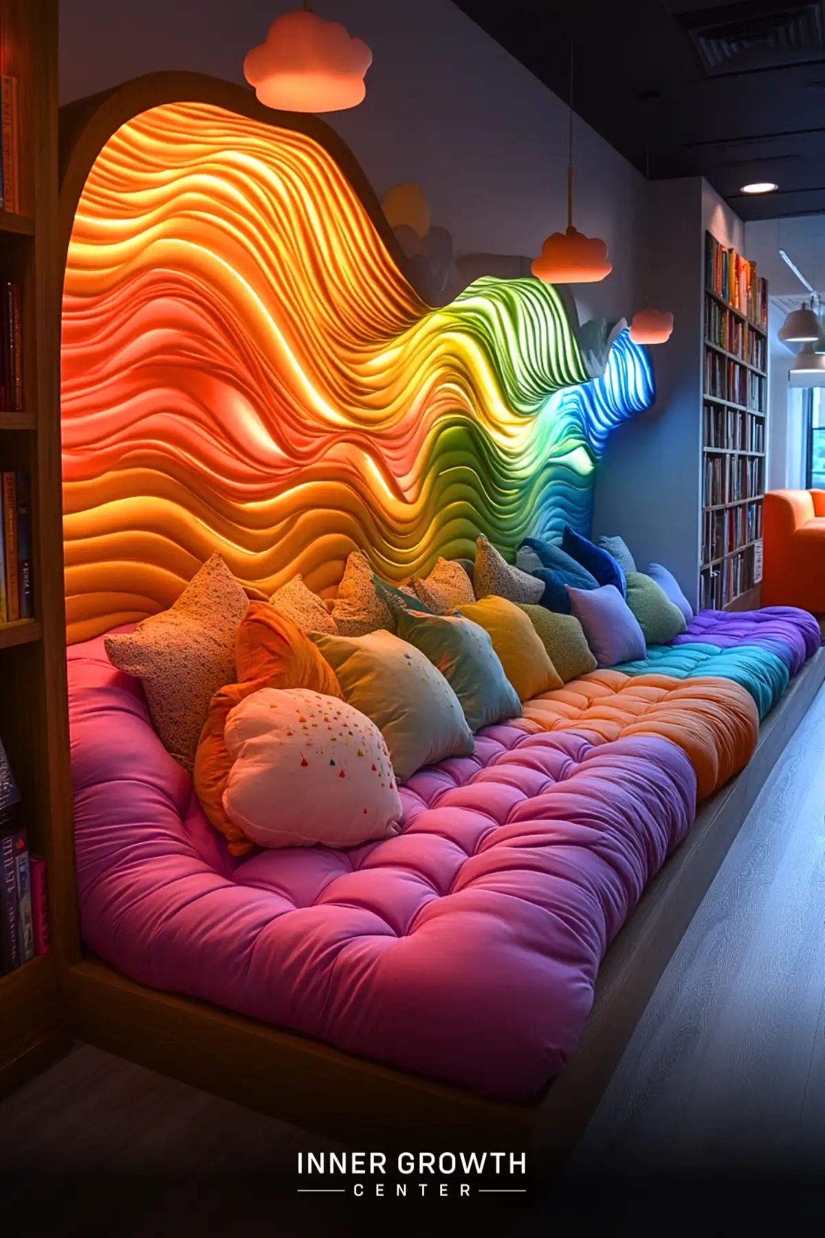 A vibrant reading nook featuring an illuminated wavy wall art in rainbow colors, matching cushioned seating, and cloud-shaped pendant lights.