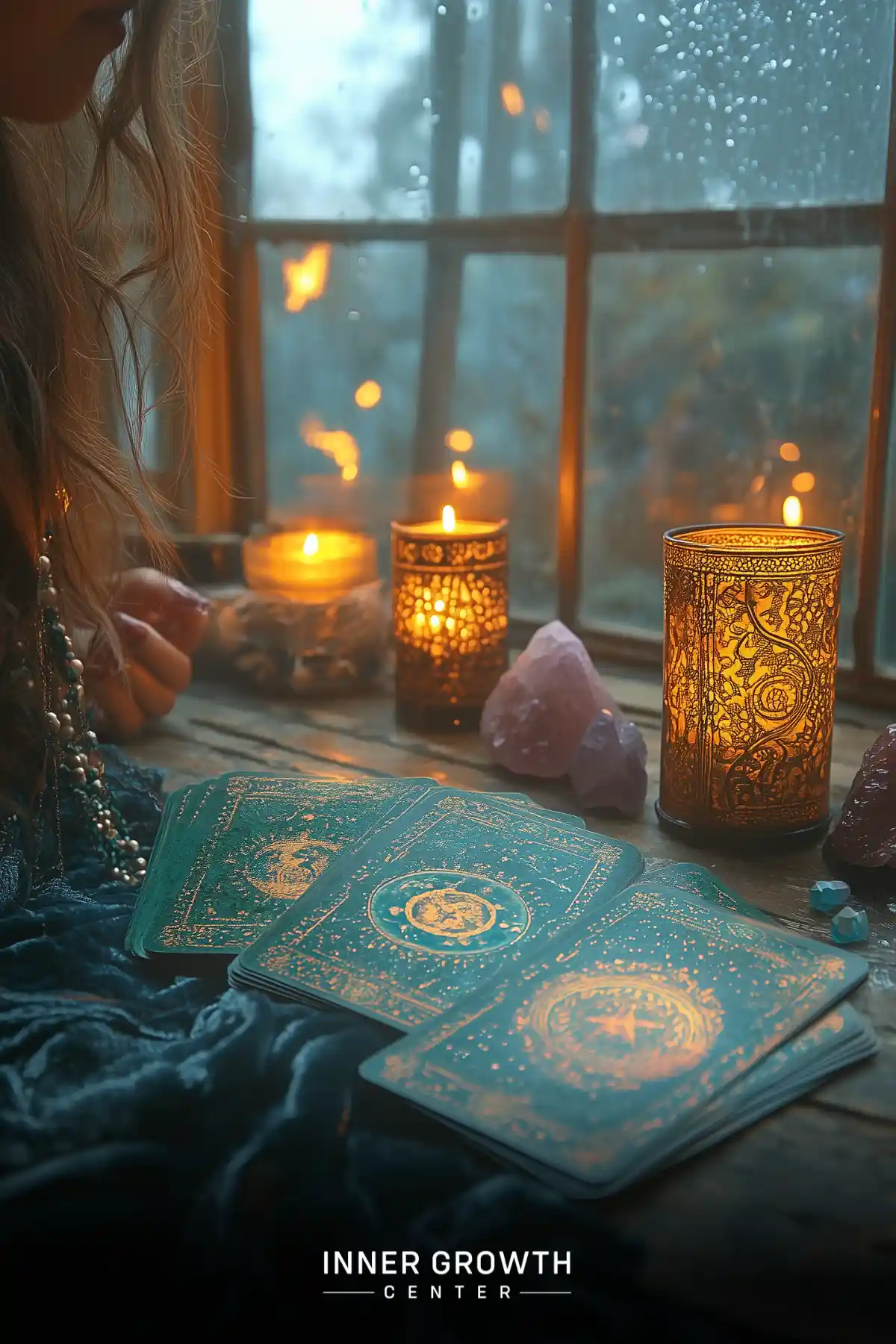 Tarot cards and crystals illuminated by candlelight on a windowsill during rainfall.