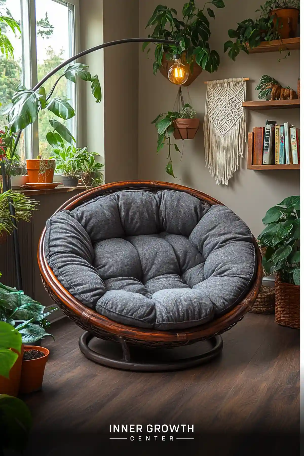 A round rattan papasan chair with grey cushion surrounded by houseplants and floating shelves creates a cozy reading nook