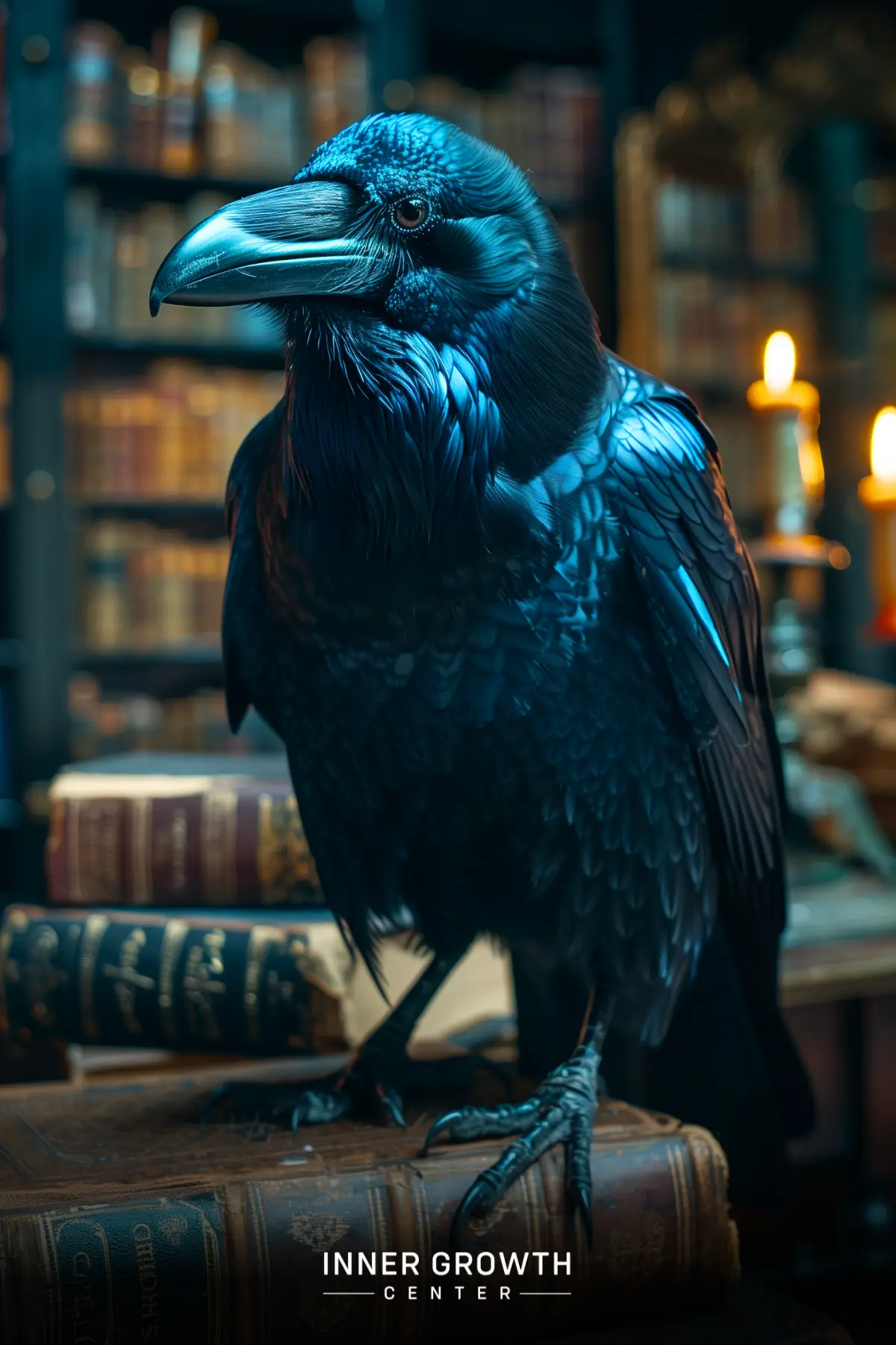 A black raven perched on books in a dimly lit library with candles.