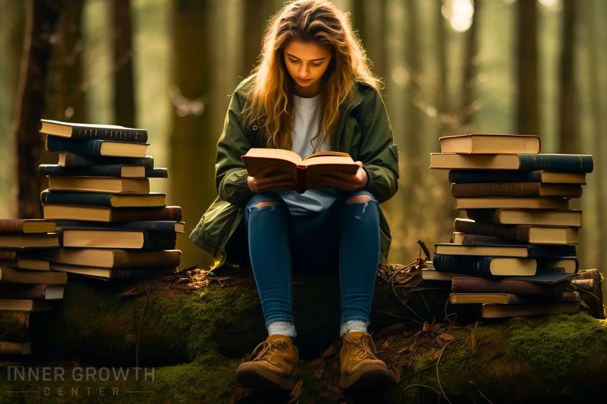 A woman reads in the forest surrounded by books.