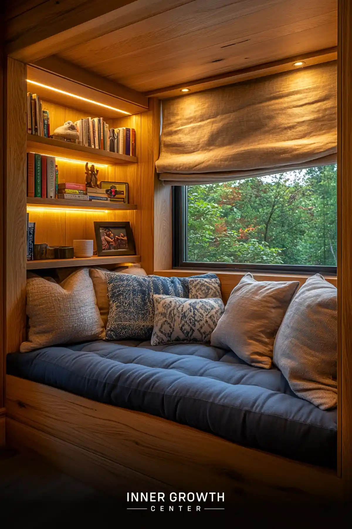 A cozy recessed window seat features LED-lit oak shelving, a charcoal cushion, and patterned pillows beneath a linen window shade.