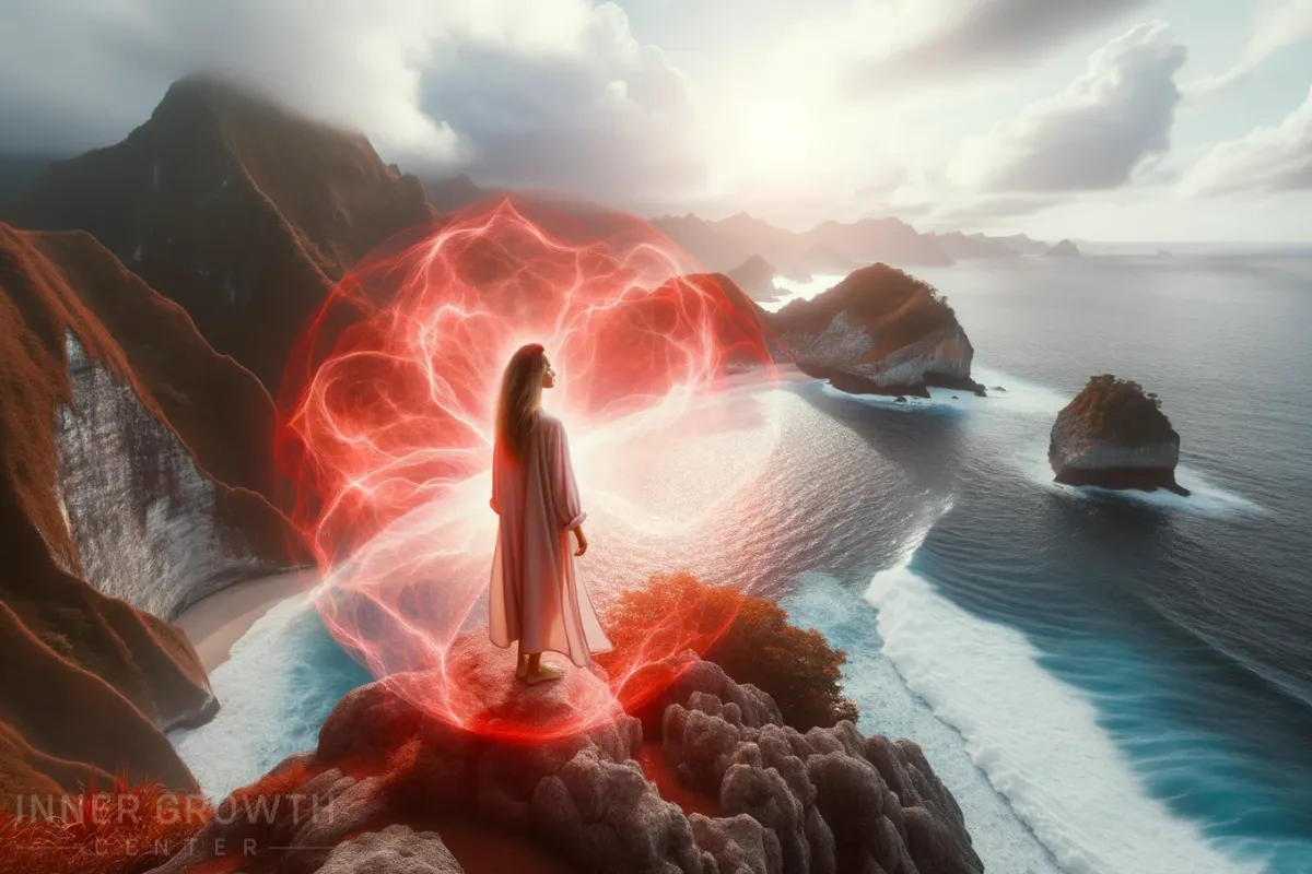 A woman standing on a cliff overlooking water with a red aura.