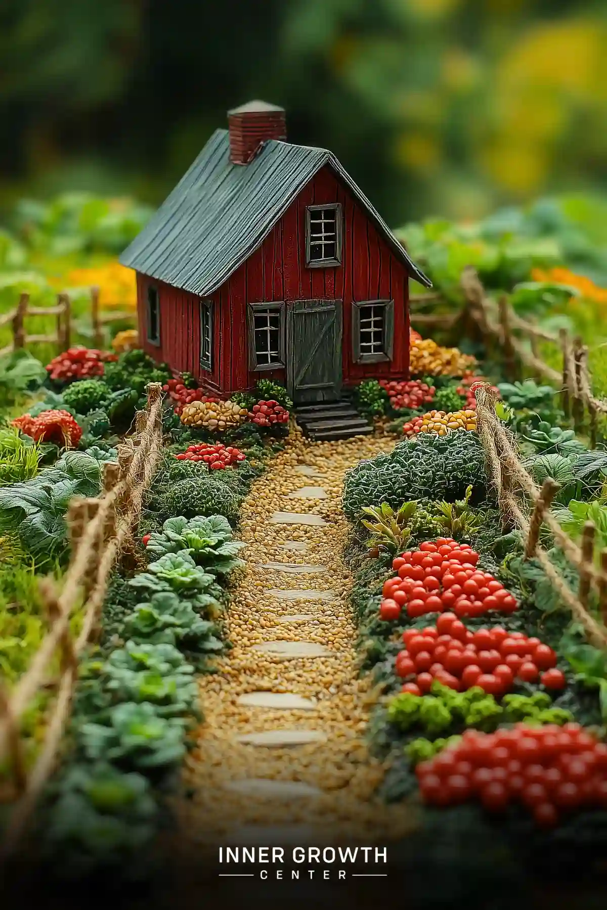 A detailed miniature garden scene featuring a red barn-style cottage surrounded by tiny vegetable patches and a gravel pathway.