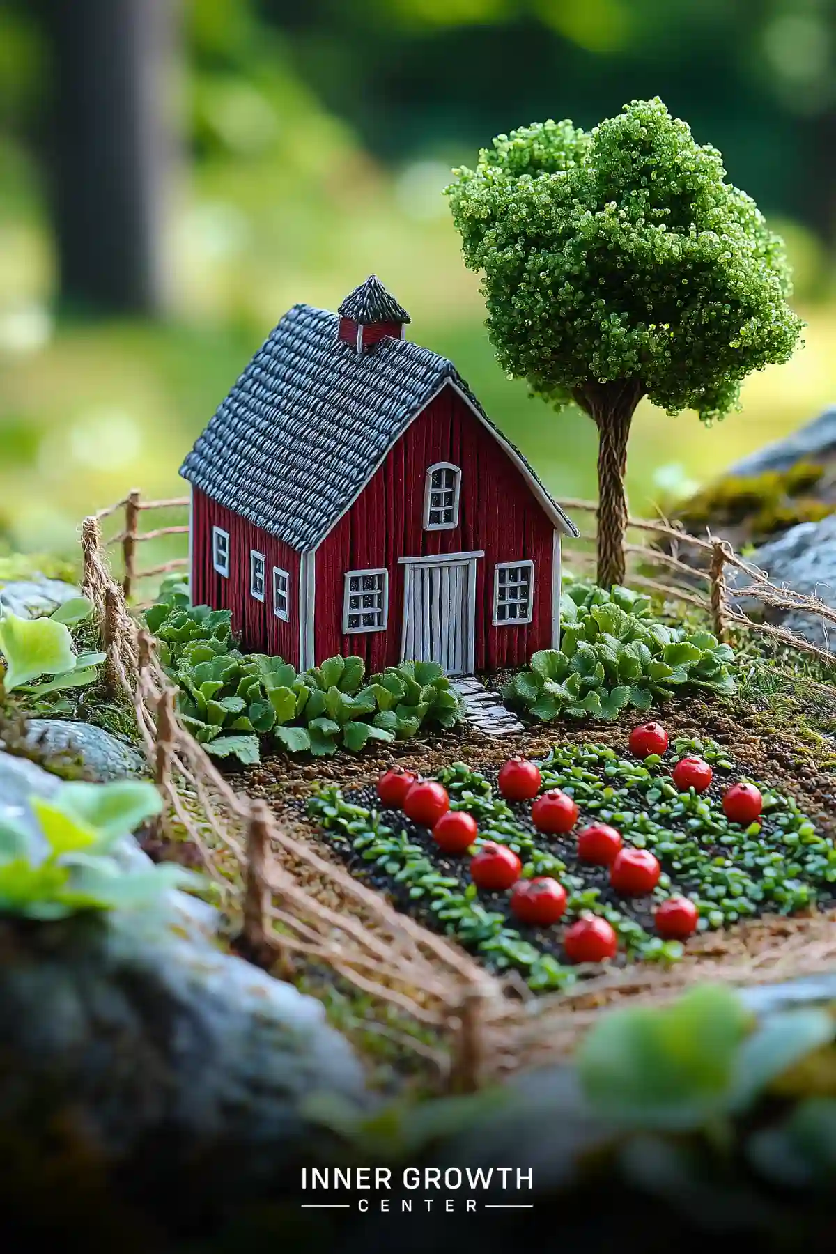 A miniature red barn-style house with a vegetable garden featuring tiny tomatoes and leafy greens, surrounded by a rustic fence and single tree.